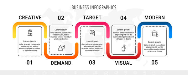 Modern vector infographics with five rectangles. Business template with graphic 5 steps for diagram, web, banner, presentations, flowchart, content, levels, chart, graphic, timeline