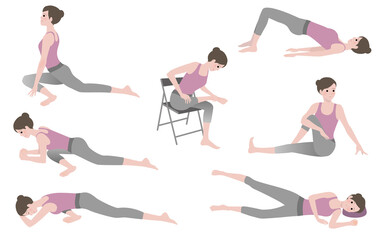 腰痛予防にもなる中殿筋ストレッチをする女性のイラストセット