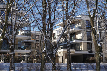 Fototapeta na wymiar Park in winter, modern apartments on second plan