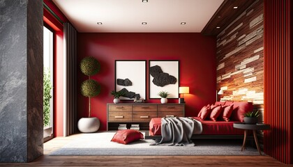 interior of apartment bedroom with elegant black and red color. generative Ai