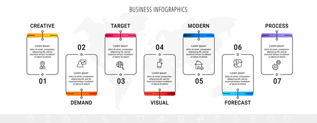 Modern vector infographics with 7 rectangles. Business template with graphic seven steps for diagram, web, banner, presentations, flowchart, content, levels, chart, graphic, timeline