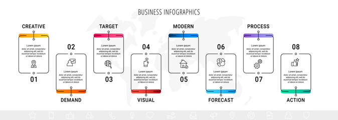 Modern vector infographics with 8 rectangles. Business template with graphic eight steps for diagram, web, banner, presentations, flowchart, content, levels, chart, graphic, timeline