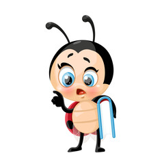 Cute cartoon ladybug arguing with a book under the armpit on a white background