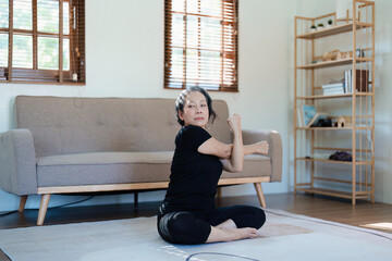 stress relief, muscle relaxation, breathing exercises, exercise, meditation, portrait of Young Asian woman relaxing her body from  by practicing yoga.