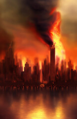 Fototapeta na wymiar City on fire, disaster. Generative AI.