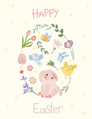 Happy Easter, Easter egg with bright flowers, cute rabbit, chickens. Spring flowers. Concept of holiday, joy, happiness. Ideal for banners, cards, posters, stickers. Vector illustration
