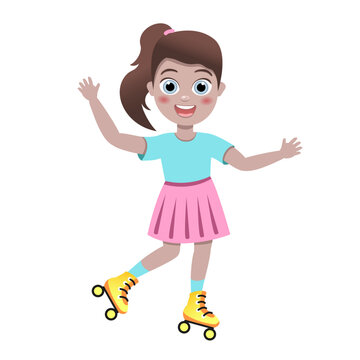 kids outdoors activity, roller skating girls. Young women roller skates, rollerblading teenager active trendy leisure time outdoors, female characters in colorful clothes, vector isolated set