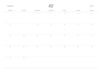 February 2023 simple design digital and printable calendar template illustration. Notes, scheduler, diary, calendar, memo, planner document template background. 