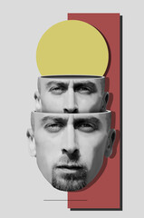 Mixed media collage in surrealism style with head of a young bearded man. Portrait in surrealism style of a young bearded man	