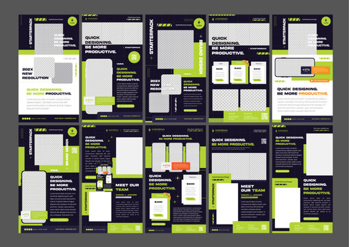 A Bundle of 10 StarterPacks in Green & Black for Quicker Promotion Needs - Modern lights designs for Flyer, Social Media Post Feed & Story	