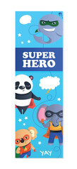 Superheroes banner concept. Panda, elephant and dolphin. Fantasy and imagination. Magic and sorcery, characters with super power. Template, layout and mockup. Cartoon flat vector illustration