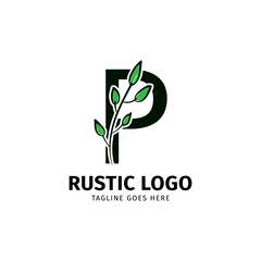 Fototapeta na wymiar letter P doodle leaf initial rustic vector logo design element