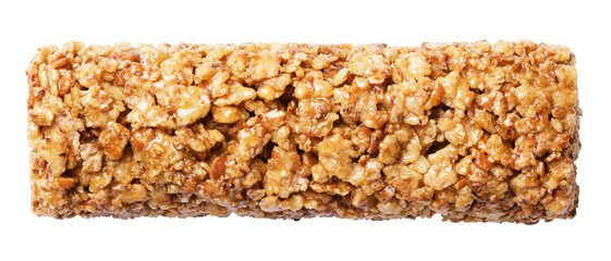 Top view of healthy granola bar (muesli or cereal bar) isolated on transparent background with clipping path