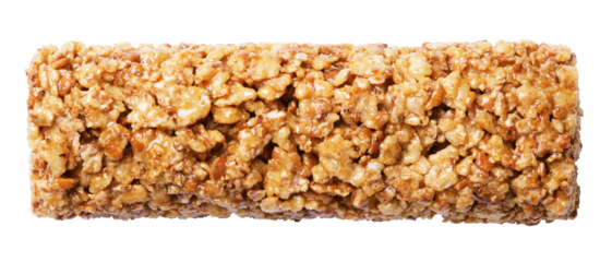 Top view of healthy granola bar (muesli or cereal bar) isolated on transparent background with clipping path
