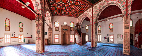 Tokat, Turkey, August 2021: Interior of the Tokat Ulu Mosque built by the Danes in the 12th century at the historical site of Sulu Sokak in Tokat and restored by Sultan Mehmed 4th in 1679 - obrazy, fototapety, plakaty