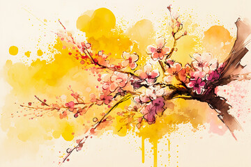 Watercolor illustration of beautiful cherry blossom sakura created with Generative AI technology.