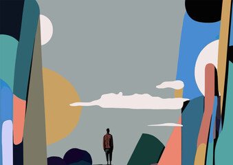 The figure of a solitary man stands in the middle of a vast, enigmatic landscape, surrounded by muted colors and shadows. Vector art abstract, cubist