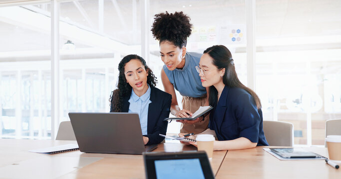 Business women, laptop and collaboration in office for marketing management, leader innovation or strategy research. Team meeting, employee support and tech manager or leadership idea discussion