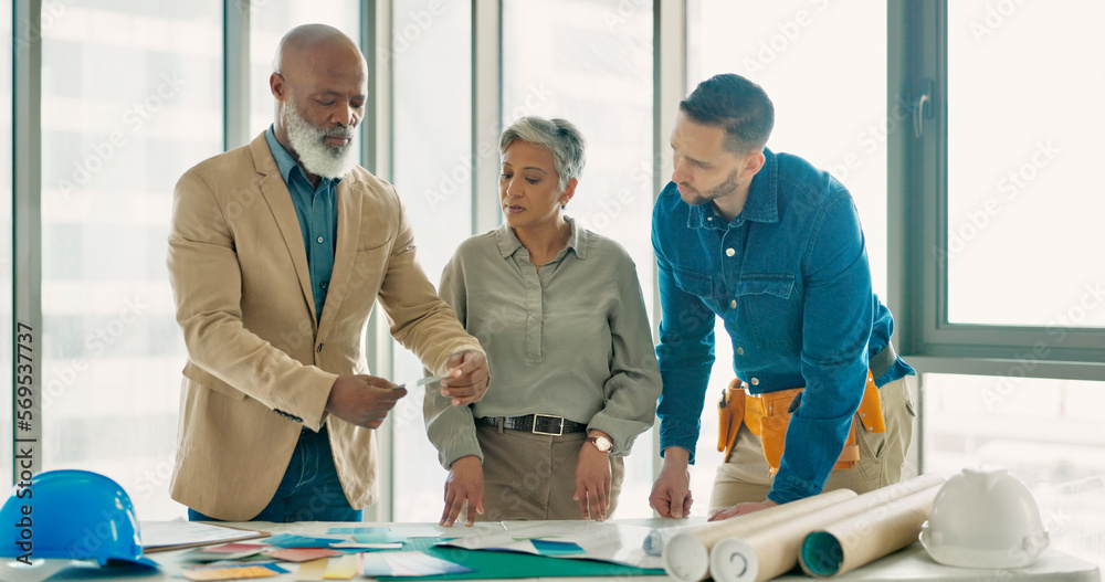 Poster architecture teamwork, blueprint and color choice in modern office for planning, building developmen