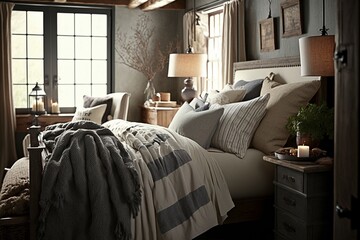 Cozy bedroom with textured fabrics, warm colors and rustic accents