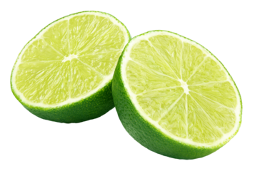 Two halves of green lime citrus fruit isolated on transparent background. Lime halves