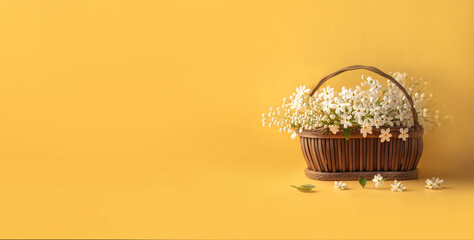 White flowers in wooden basket on yellow spring background. AI generative. 