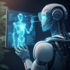 AI humanoid robot holding hologram screen demonstrates global communication network concept, generative ai
