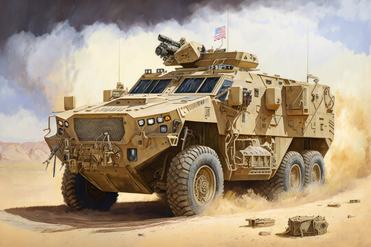US Army Marines. Patrol with an armored car. Generative AI.