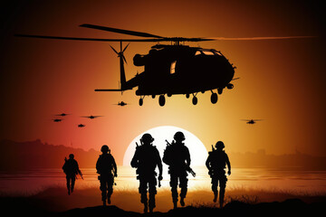 Silhouette of US Army Marines, with a support helicopter. Created with generative AI technology. - obrazy, fototapety, plakaty