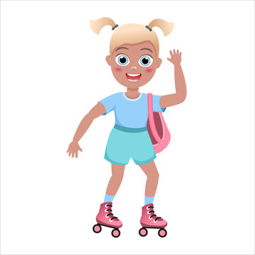 kids outdoors activity, roller skating girls. Young women roller skates, rollerblading teenager active trendy leisure time outdoors, female characters in colorful clothes, vector isolated set