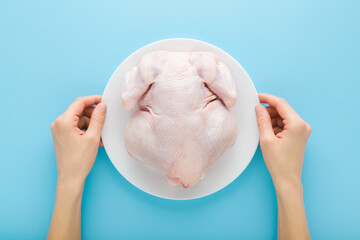Young adult woman hands holding white plate with fresh raw hen meat on light blue table background....