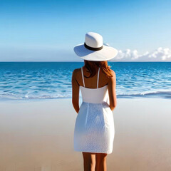 Fototapeta na wymiar Girl in a hat on the beach. AI generated.
