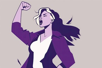 Woman cartoon character with purple clothes, smiling and with arm straight and raised. Generative AI