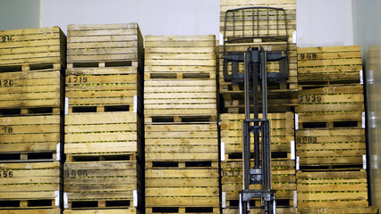 A special machine, loader, forklift truck puts large wooden boxes with apples on top of each other, in a special storage room in warehouse.