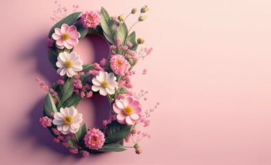 8 March. International Women's Day. Floral number 8, pink background.