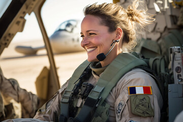 femme pilote de chasse de l'armée Française, dans son cockpit - illustration ia - obrazy, fototapety, plakaty