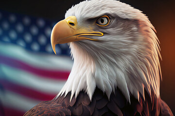 Naklejka premium Beautiful eagle against US flag. National Patriotic background. Digitally generated AI image