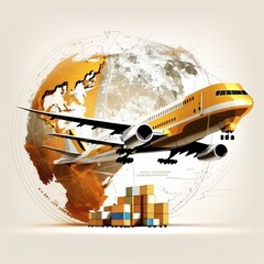 Fototapeta na wymiar Global logistics network distribution, Air cargo trucking, Rail transportation and maritime shipping, Generative Ai