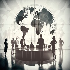 Group of people in the office and global network concept. Wide angle visual for banners or advertisements, generative ai
