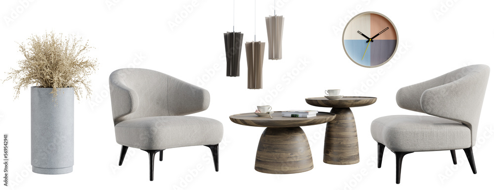 Poster Various elements for use in interior design, isolated on transparent background. 3D render.