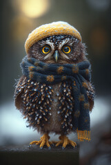 Portrait of an owl in a hat and scarf. Generative AI.