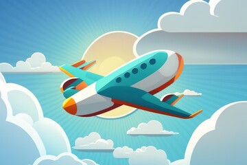 An airplane flies between clouds and sunlight in a blue sky. Generative AI