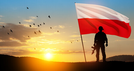 Silhouette of soldier with national flag on background of sunset. Polish Armed Forces. Armed Forces...