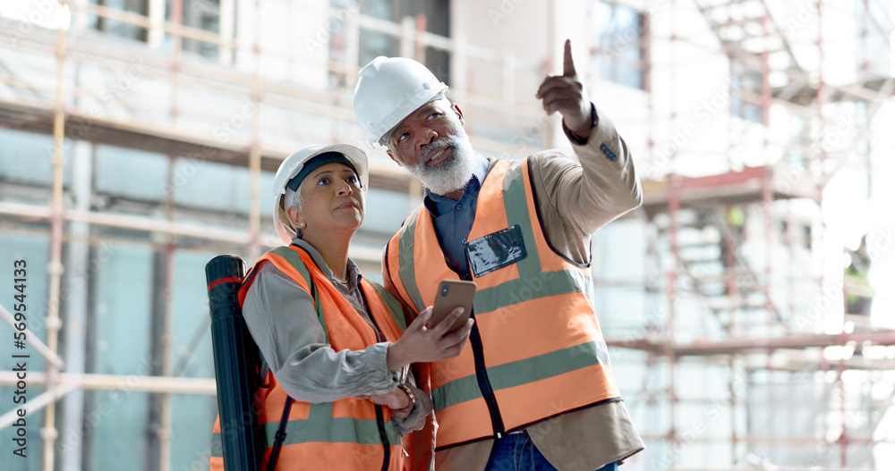 Poster engineer, building construction and phone with inspection workers talking and planning on internet, 