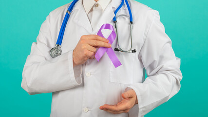 Male doctor holding a purple ribbon in her hands ADD,ADHD,Alzheimer Disease ,Arnold Chiari Malformation,Childhood Hemiplegia stroke, Epilepsy, Chronic Acute Pain,Crohns