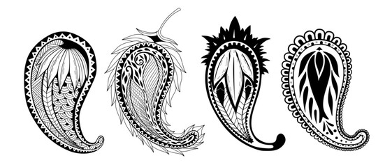 Ornamental paisley set black and white color