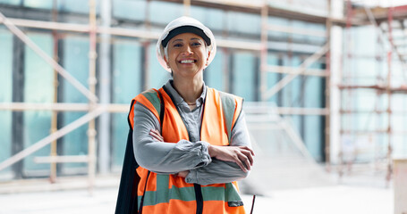 Building, architecture construction worker woman on site civil engineering development, industrial...