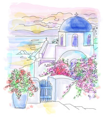 Santorini island, Greece. Traditional and famous white houses and churches with blue domes. watercolor illustration for social media, poster, magazine