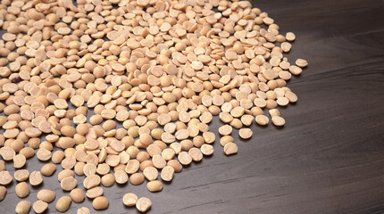 Arhar or Toor dal or Split Pigeon Pea or Yellow lentils or Pulses, top view, India