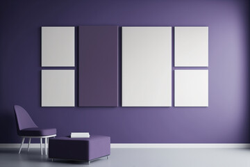 Purple Wall with Six Vertical Paintings - Mockup